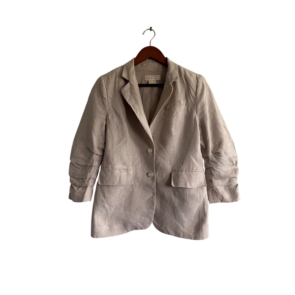 MICHAEL Michael Kors Linen Blend Ruched Sleeve Blazer‎ Jacket Tan Small